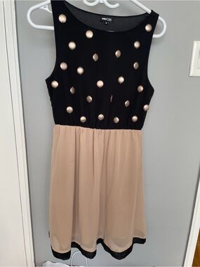 Two-Tone Black & Beige Sleeveless Party Dress with Stud Accents